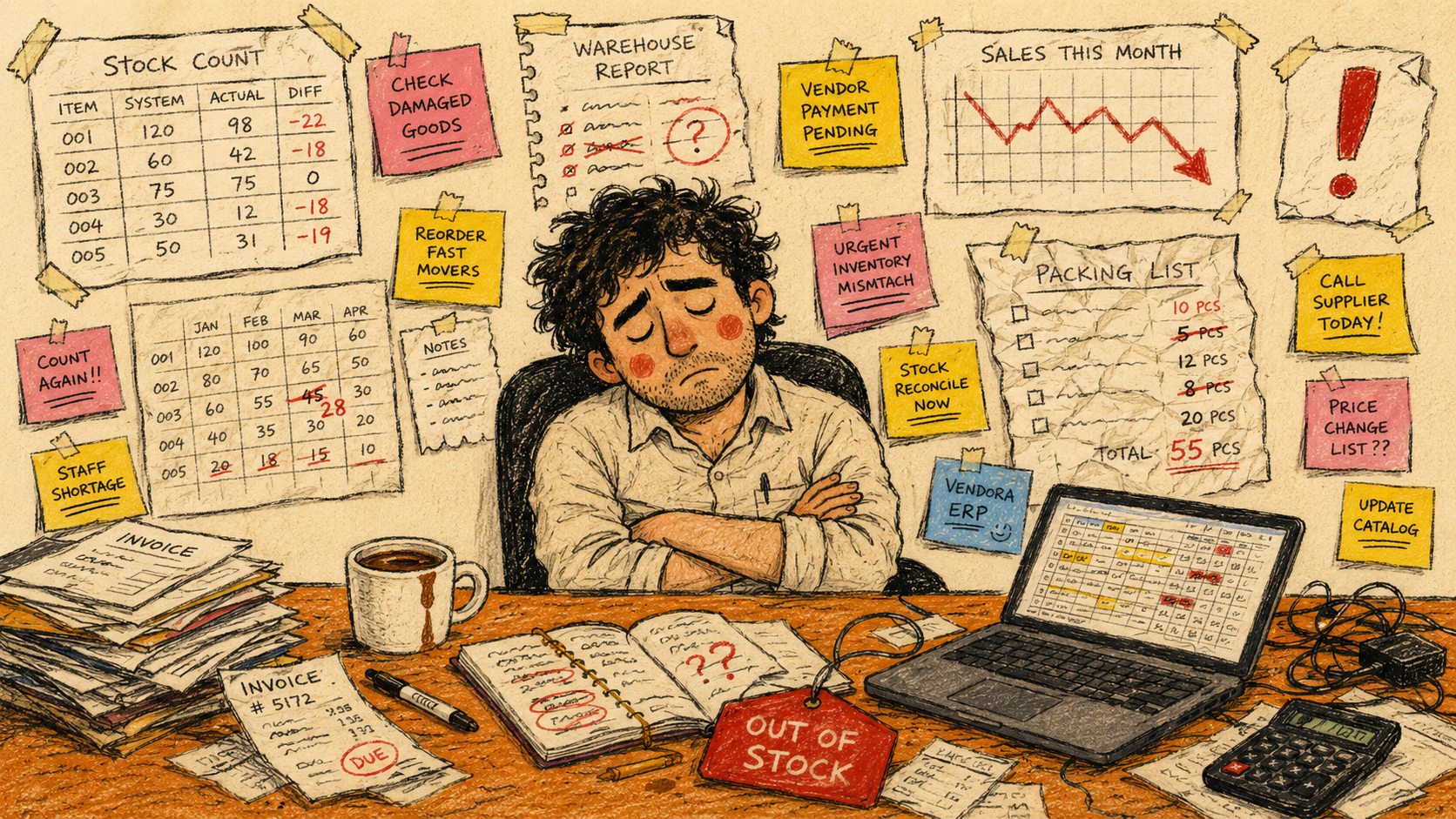 Messy unorganized warehouse before Vendora